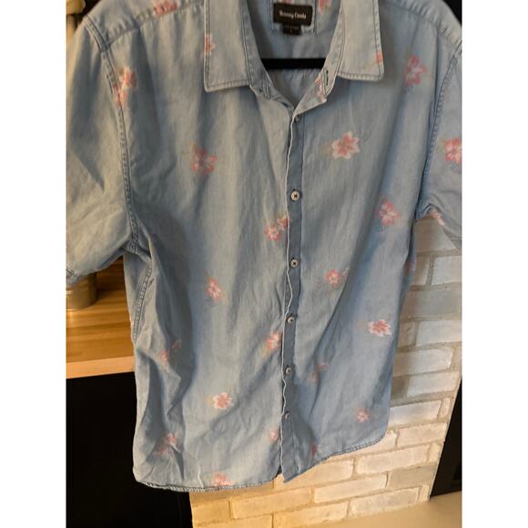 Barney‎ Cools Short Sleeve Chambray Floral Button Up Shirt-L - Picture 2 of 4